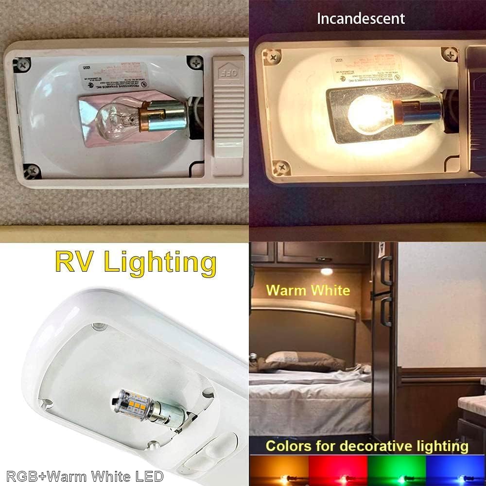 RGB BA15S LED Bulbs 12V Color Changing, 1141 1156 S8 SC Bayonet Single Contact Base, Warm White+15 Multi-Colors and Dimmable, Weatherproof for Outdoor Low Voltage and RV Lighting 6-Pack