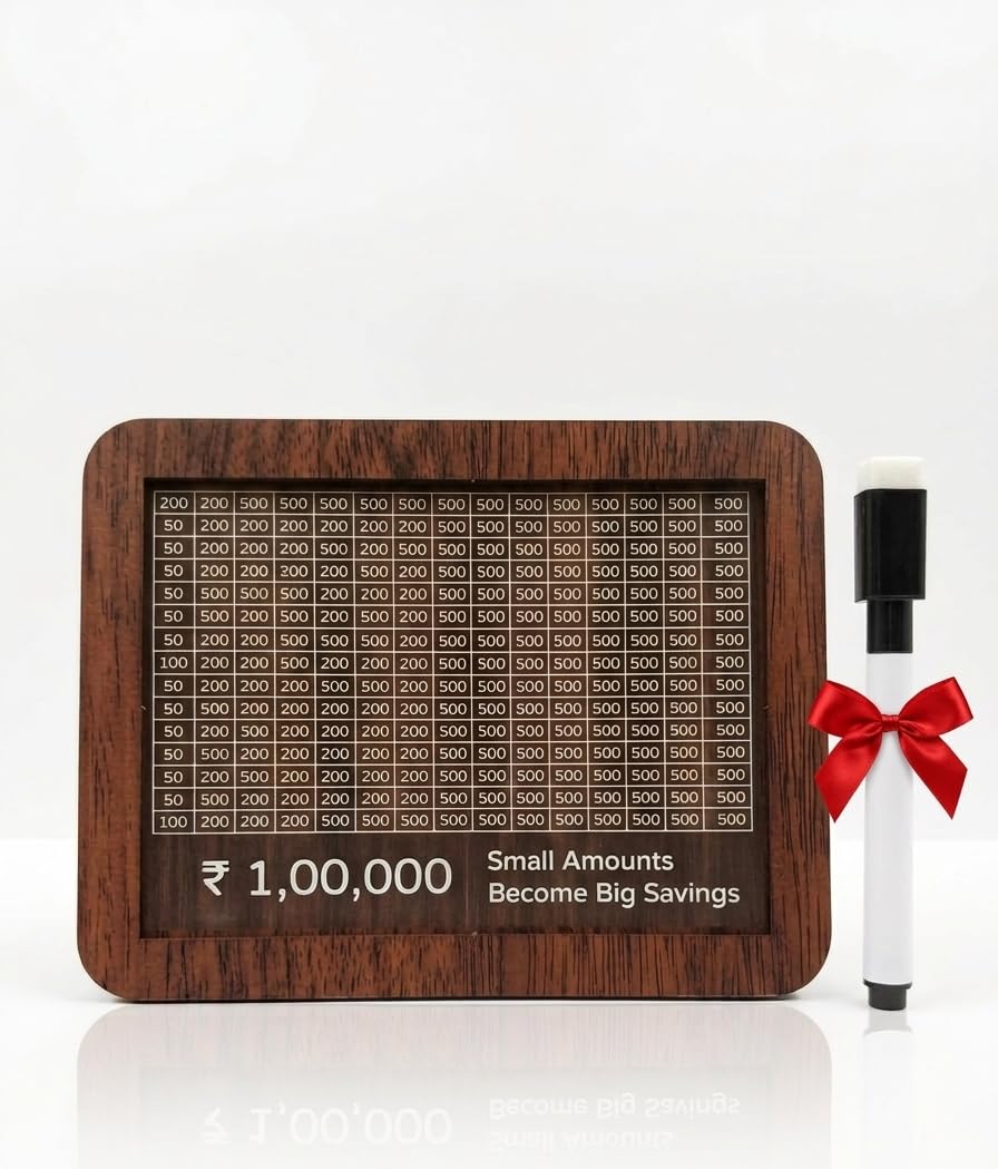Wooden Piggy Bank with Savings Tracker|Money Saving Box for Adults| ₹1,00,000 Challenge Box, 20.3x15.2x7.6 cm, Includes Free Marker with Eraser-image-38