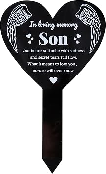 GLOBLELAND Heart Shaped Son Garden Stake Memorial Remembrance Plaque for Cemetery Acrylic Grave Stake Waterproof Sympathy Garden Plaque for Yard Grave Cemetery