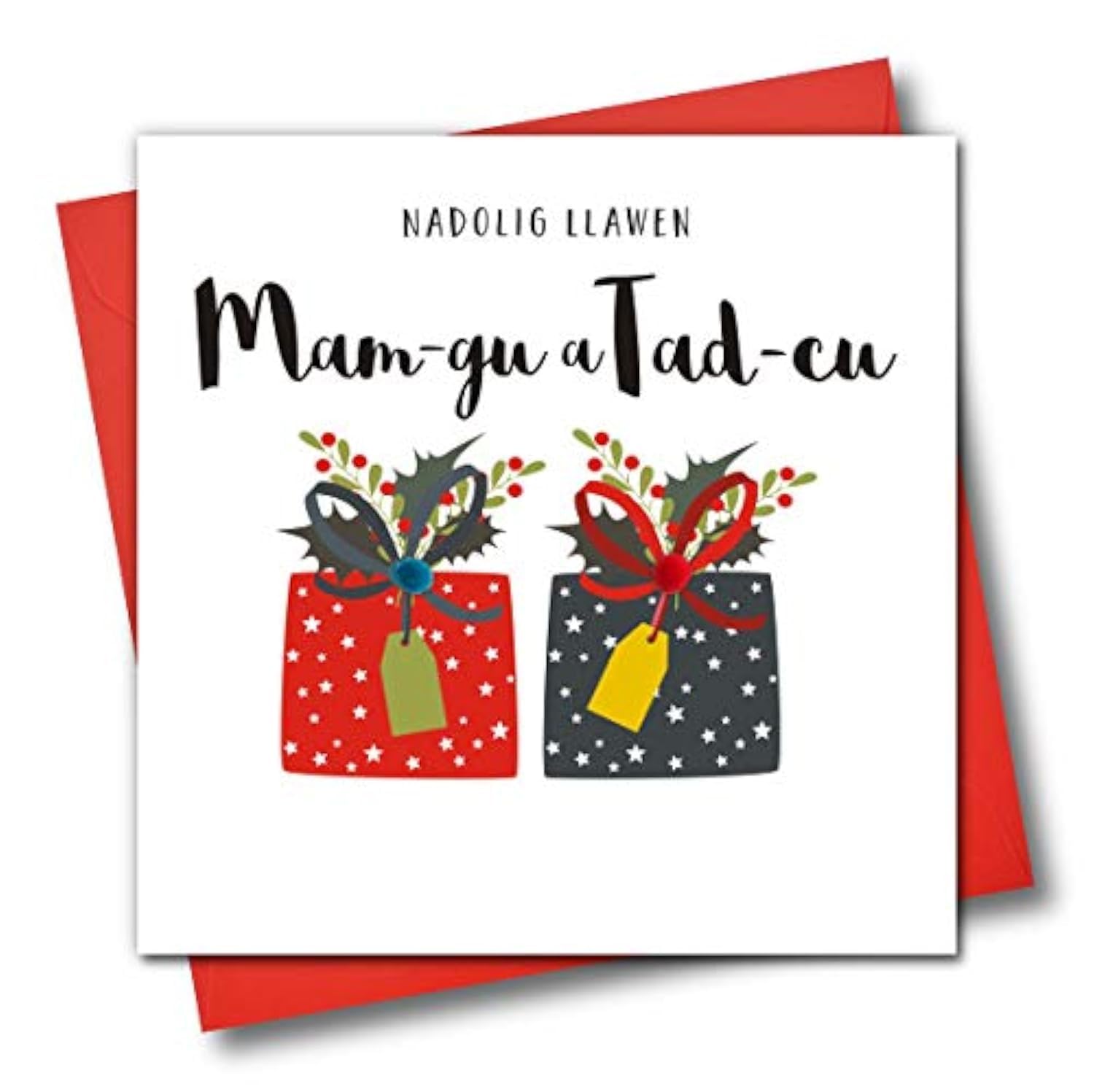 Welsh Language Embellished Christmas Greeting Card, Nadolig Llawen, Mam-Gu A Tad-CU, Merry Christmas Grandma & Grandad, Presents