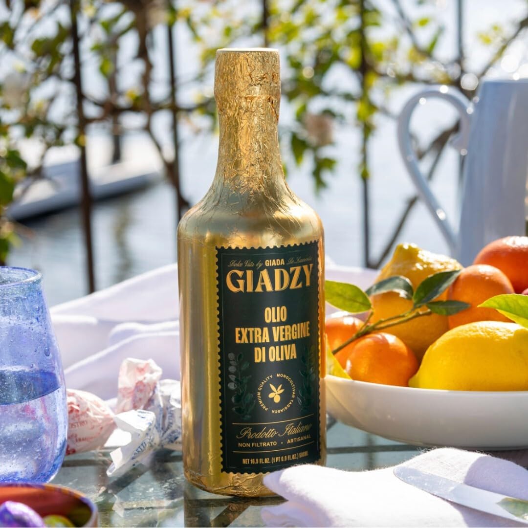 Giadzy by Giada de Laurentiis 2 Pack Olive Oil Extra Virgin - Premium Unfiltered Cold-Pressed Italian Olive Oil, Gold Wrap, Made in Italy, Perfect for Cooking & Gifting. Rich in polyphenols & antioxidants.