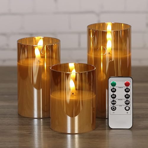 Juego de 3 velas de cristal dorado sin llama con control remoto y temporizador, velas LED de cera real controladas con llama 3D parpadeante, D 3