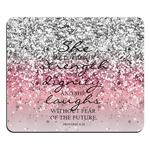 Bible Verse Pink Sparkles Glitter Pattern Rectangle Mouse Pad Christian Quotes She is Clothed with Strength and Dignity and Laughs Without Fear of The Future Proverbs 31:25