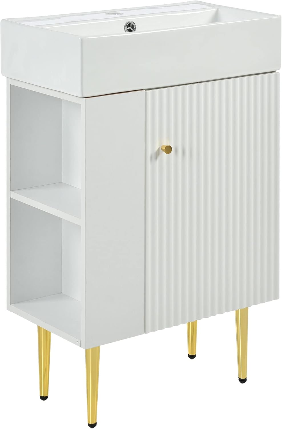 Merax Small Bathroom Vanity with Single Ceramic Sink, Narrow Depth, White, 21.6"W x 12.2"D x 33.9"H, Modern Style, Freestanding, Left Side Storage, Easy Assembly