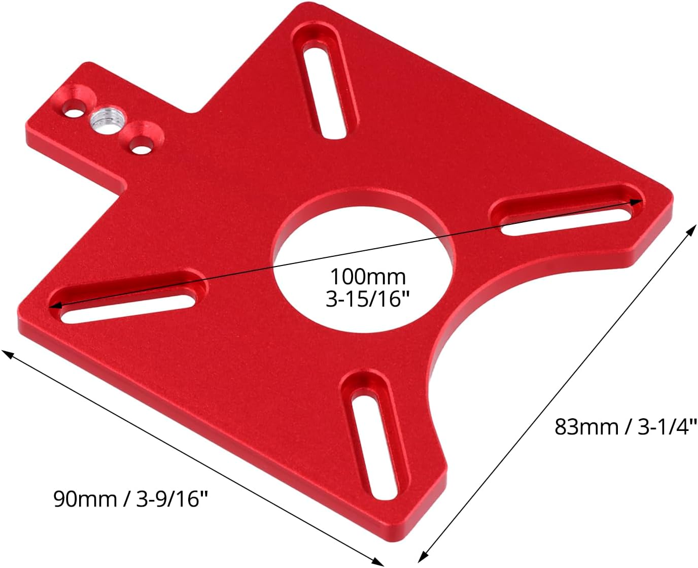 ภาพระยะใกล้ view of the router mounting plate with dimensions, showing the 100mm (3-15/16 inch) central opening and mounting slot measurements.