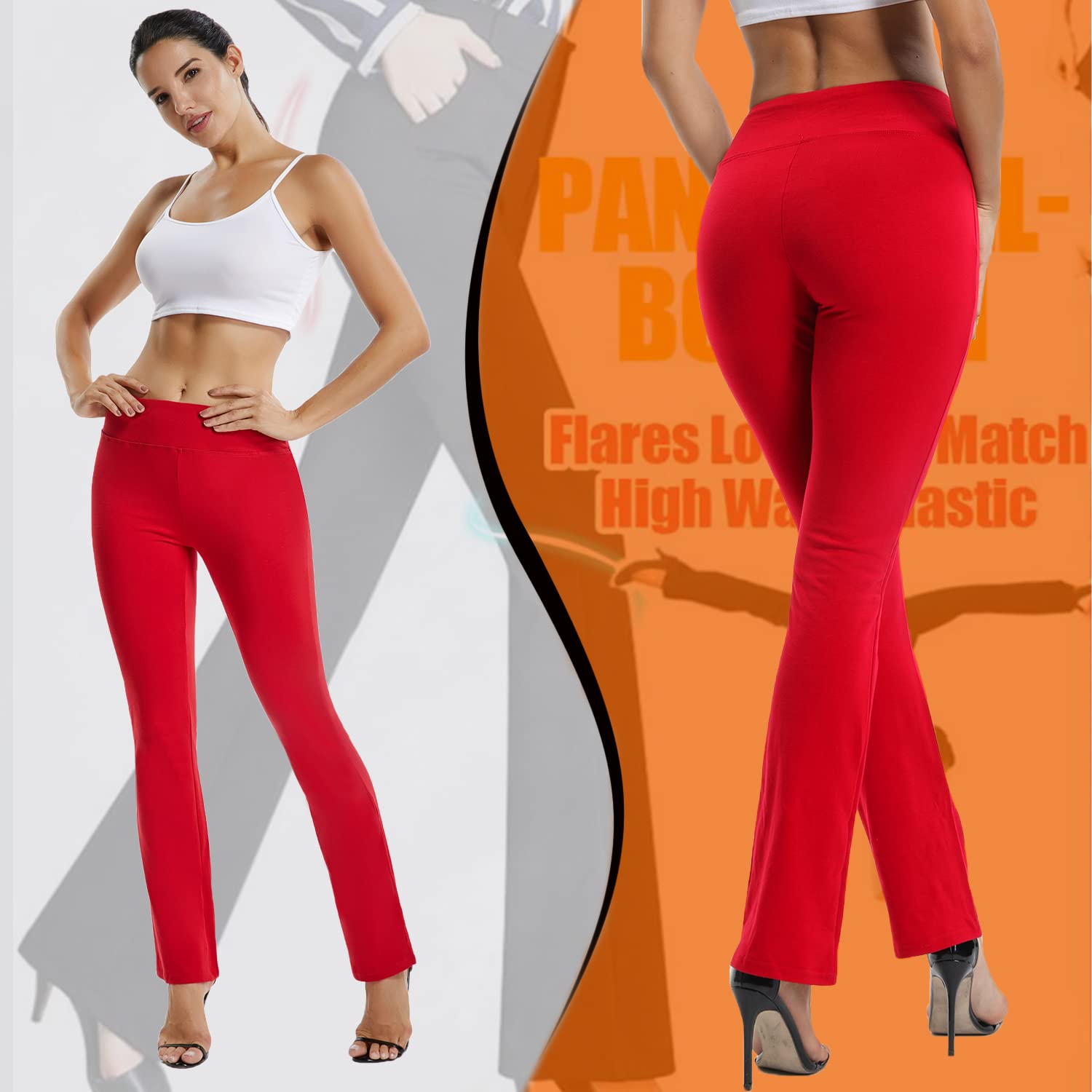 FITTOO Women's Solid Cotton Spandex Boot Cut High Waisted Flare Yoga Pants Workout Casual Trousers Comfortable Flared Leggings Wine Red S