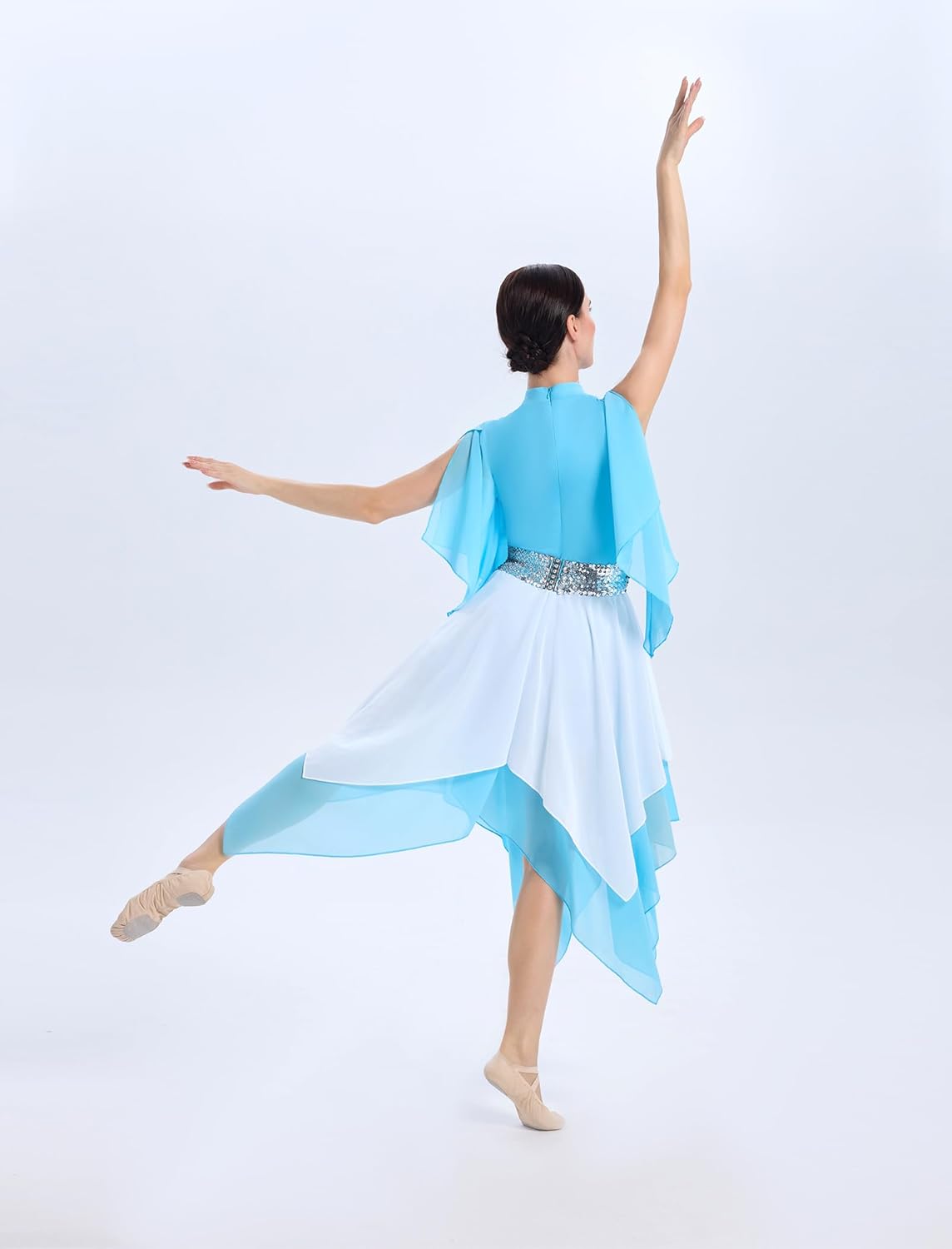 Praise Dance Dress Women Metallic Top Chiffon Cap Sleeve Flowy Skirt Worship Overlay and Tunic Liturgical Dancewear
