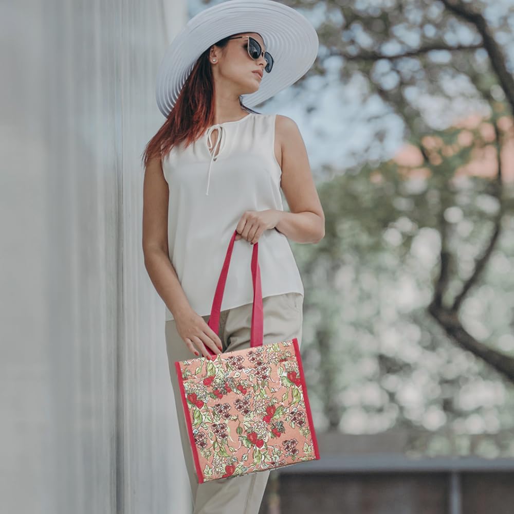 Signare Tapestry Shoulder Bag Shopping Tote for Women in Wild Strawberry Design (SHOP-WLSTRW)