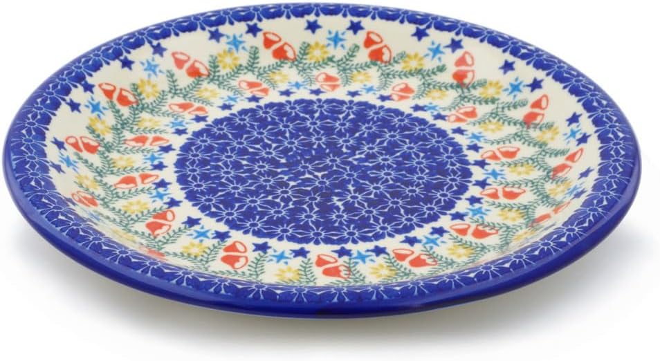 Polmedia Polish Pottery Lunch Plate - Wreath Of Bells Pattern Handmade in Boleslawiec Poland by Ceramika Bona + Certificate of Authenticity
