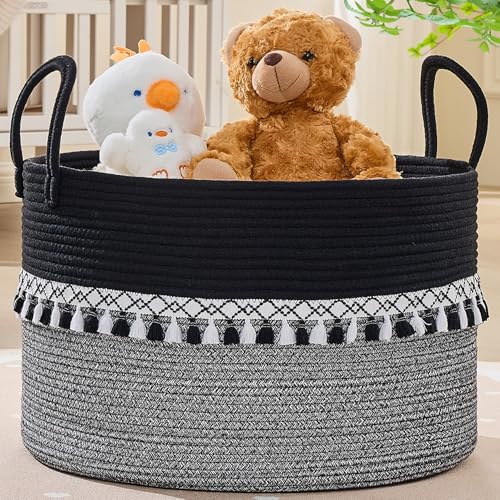 Image of KAKAMAY Cotton Rope Storage Basket (20 inchx13 inch),Woven Hamper for Blankets,Toys,Pillows,Clothes,Laundry,Sturdy Handles Decorative Basket for Living Room, Bedroom,Nursery(Black Printing)