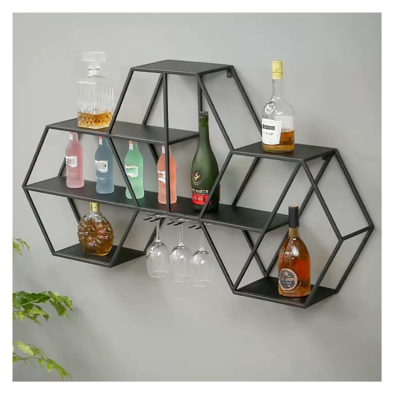 Présentoir à vin mural au design hexagonal unique en métal rustique
