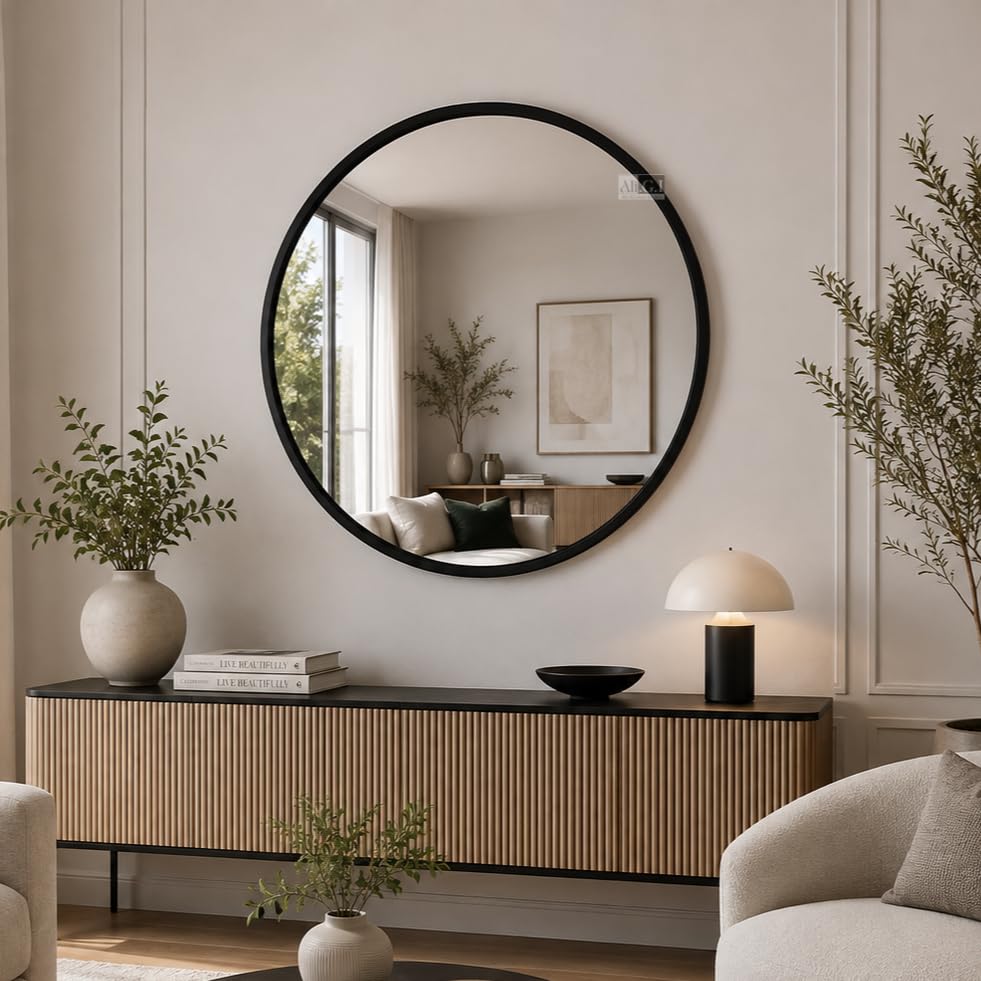 Image of Round Wall Mirror in Gold I Metal Frame Mirror I Modern Design Metal Frame Mirror in Medium Size I Bathroom Wash Basin, Bedroom, Drawing Room (Black 30 inch)