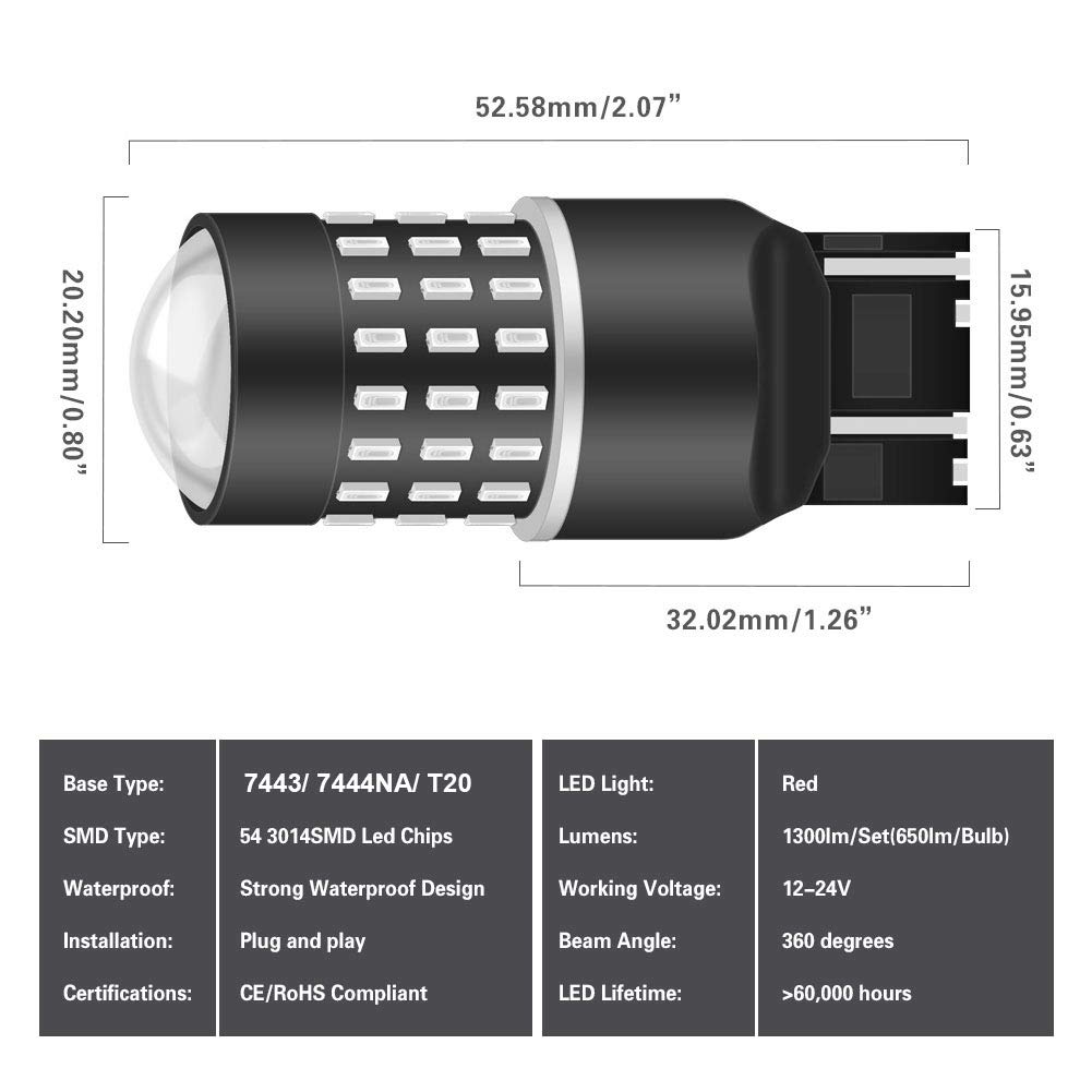 7443 7440 w21/5w 7440NA Bombillas Chipsets 3014SMD 54-EX con proyector de lentes para luces traseras Luces de freno, rojo 12-24 V (paquete de 2)