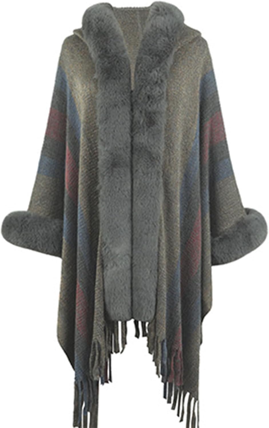 Sexyshine Women's Faux Fur Trim Hooded Cloak Shawl Wrap Rainbow Striped Batwing Sleeve Tassel Poncho Coat Cape