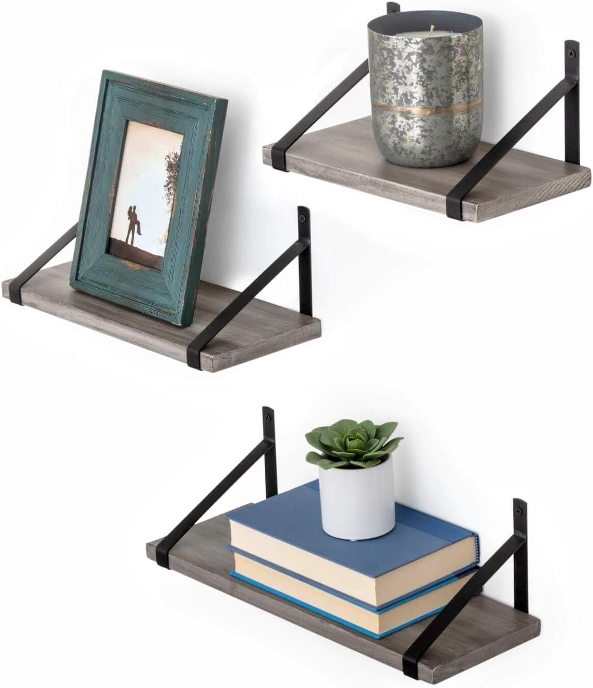 Under.Stated Wall Mounted Shelf with Towel Bar, Removeable Hooks for Kitchen Bathroom Organizer Spice Rack (Grey Wood)