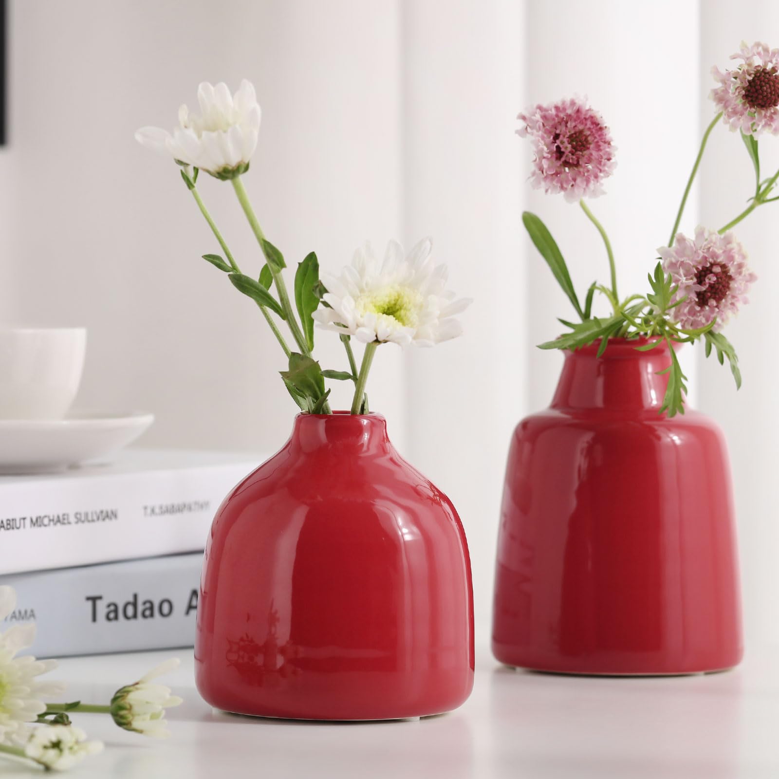 Set di 3 piccoli vasi rossi per decorazioni moderne della casa, vasi in ceramica per centrotavola, vasi da fiori per soggiorno, matrimoni, tavolo da pranzo/feste, rosso