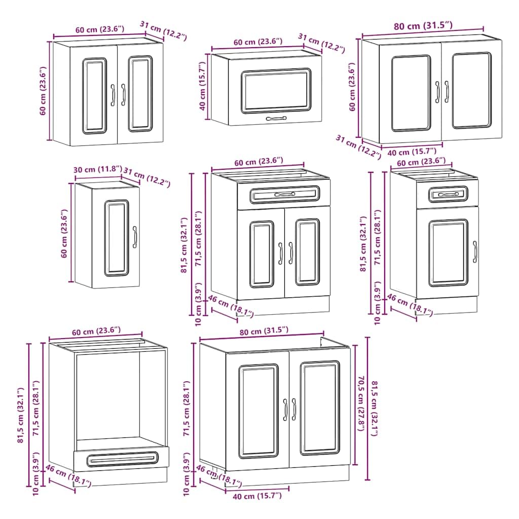 8-TLG. Küchenschrank-Set Kalmar Artisan-Eiche Holzwerkstoff Küchenschrank-Set, Küchenblock variabel stellbar Küche Komplett, ohne Arbeitsplatte für Restaurant, Hotel, Küche