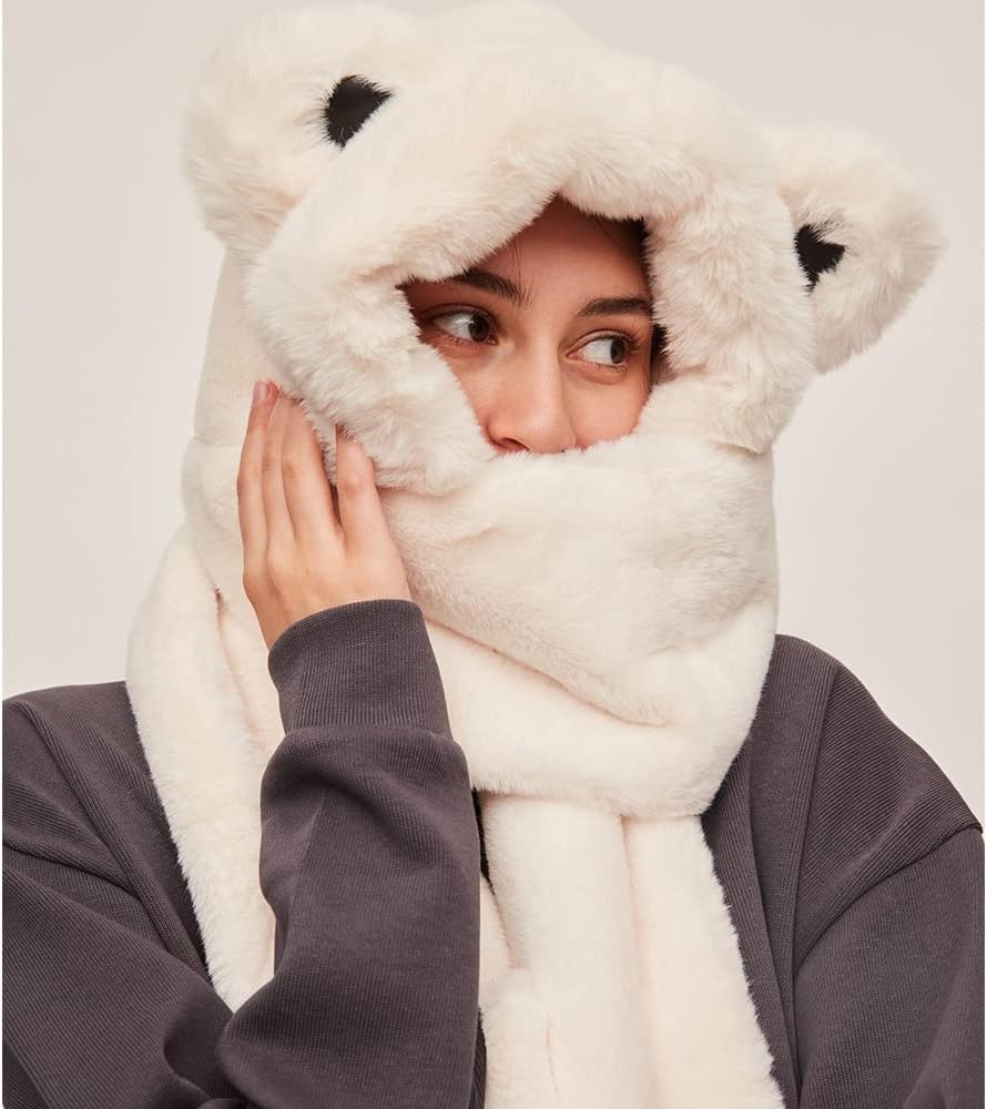 OHRAIN Warm Bear Hoodie Hat/Scarf/Gloves Set for Women Soft Plush Thick Hat Long Scarf Mitten 3-in-1 Multi-Functional Combo