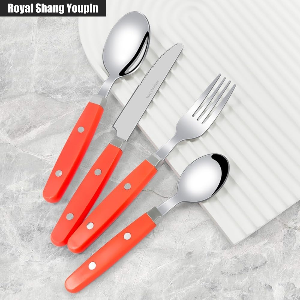 Manico in Plastica Cucina Acciaio Inossidabile Posate Stoviglie Posate Set Coltello Da Bistecca Forchetta Cucchiaio Cucchiaino (UN,16 pezzi)