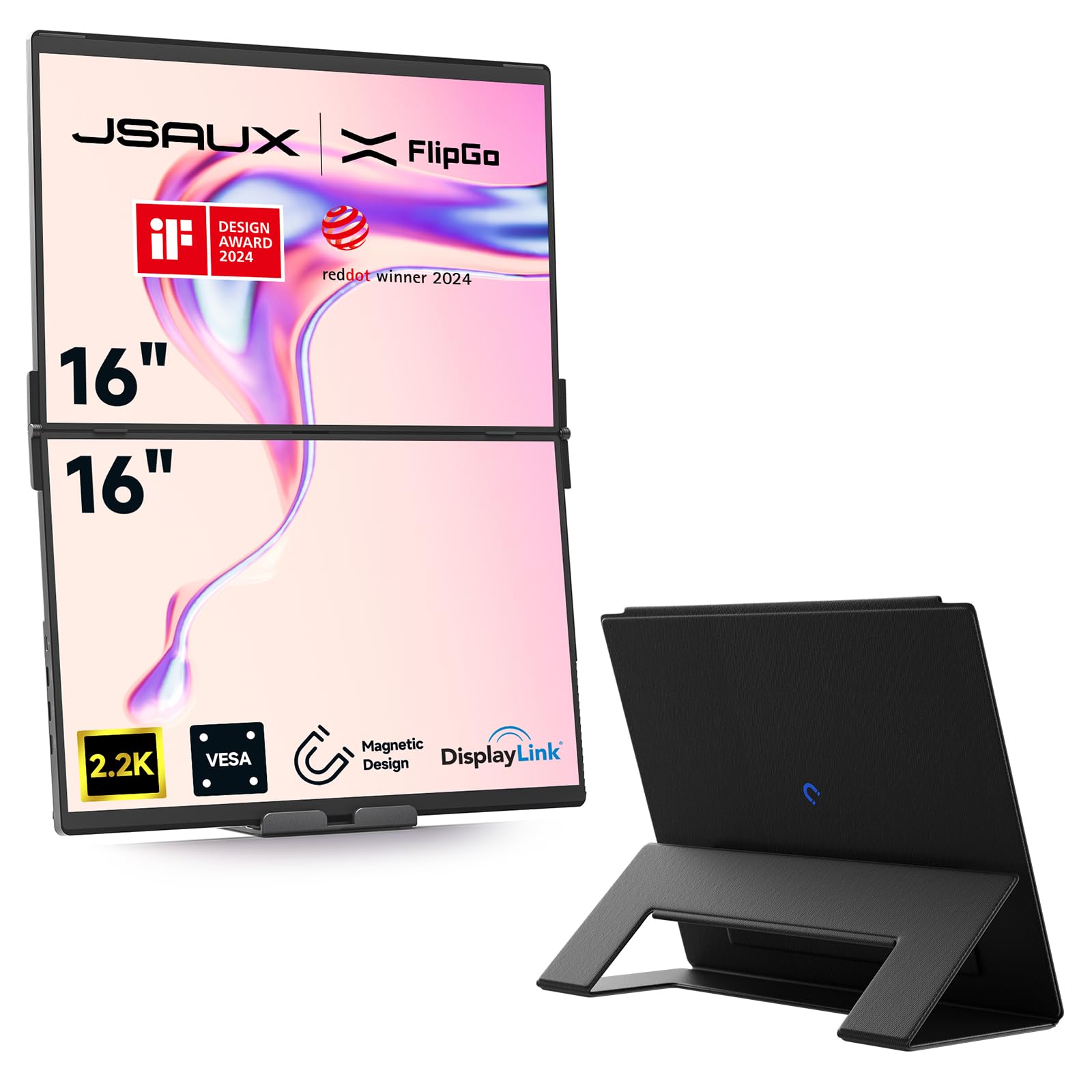 JSAUX FlipGo Pro 16" Dual Portable Monitors and Leather Stand for FlipGo 16" Portable Monitor