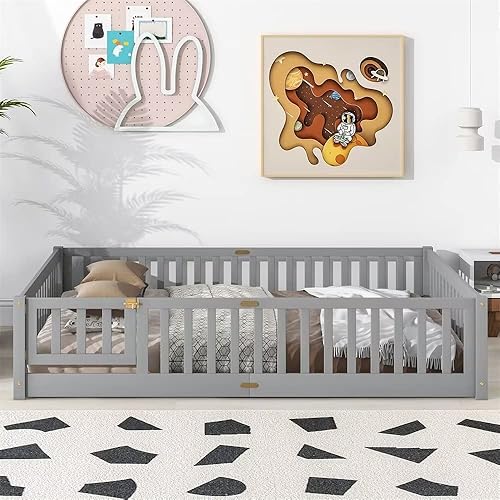 Miniatura 3 de Cama de suelo tamaño Queen, marco de cama Montessori de madera maciza con barandillas en forma de valla y puerta pequeña y listones de madera para