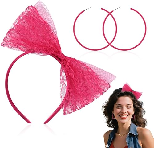 Accesorios de los años 80 para mujer, diadema de lazo de encaje de los años 80 y aretes de neón para mujer, trajes retro vintage de los años 80 para