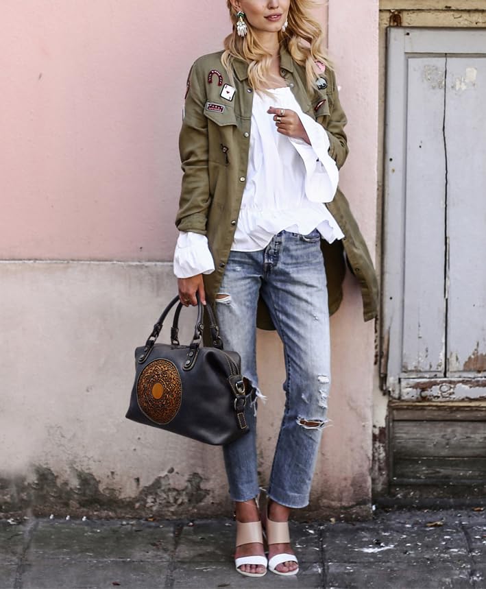 Image of Leather Handbag for Women, Genuine Leather Purses Retro Mandela Crossbody Handbag Tote Bag