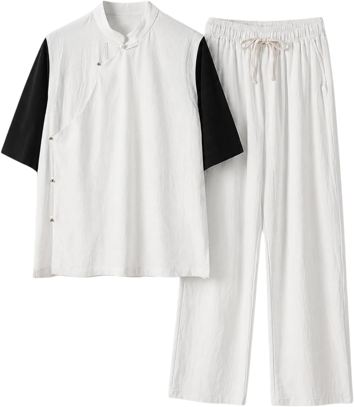 Men's Cotton Chinese Style Shirt Set Three-Quarter Sleeve Loose Top and Long Pants Casual 2 Piece Outfit