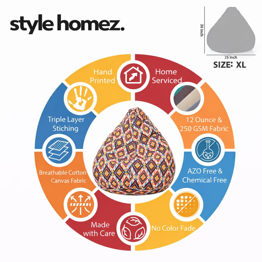Style Homez Classic Cotton Canvas Geometric Printed Bean Bag XL Size Cover Only