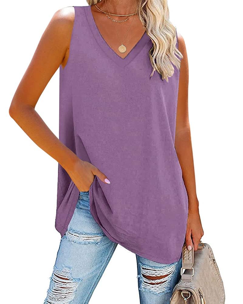 Fisoew Damen Tank Top V-Ausschnitt Blusentop Sommer Basic Tops Ärmellos Bluse Locker Cami Oberteile