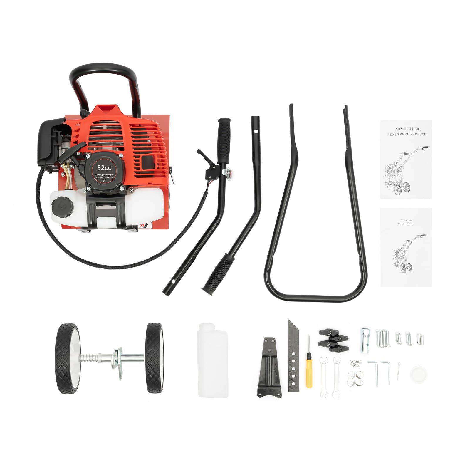 DIFU Motoazada de gasolina para jardín, 52 ccm, cultivador, 1900 W, motor de gasolina de 2 tiempos, ancho de trabajo de 300 mm, profundidad de trabajo de 120 mm, 4 peonzas con 4 cuchillos de acero al