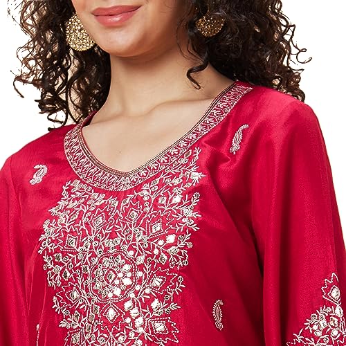 Image of Globus Women Red Embroidered V-Neck Yoke Gota Patti Flared Sleeves Festive A-Line Kurta Set with Trouser-3638464001