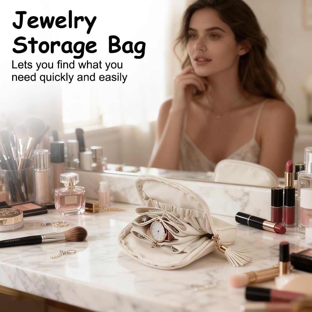 Pochette Bijoux Portable Multifonction Beige, Boîte à Bijoux de Voyage avec Franges