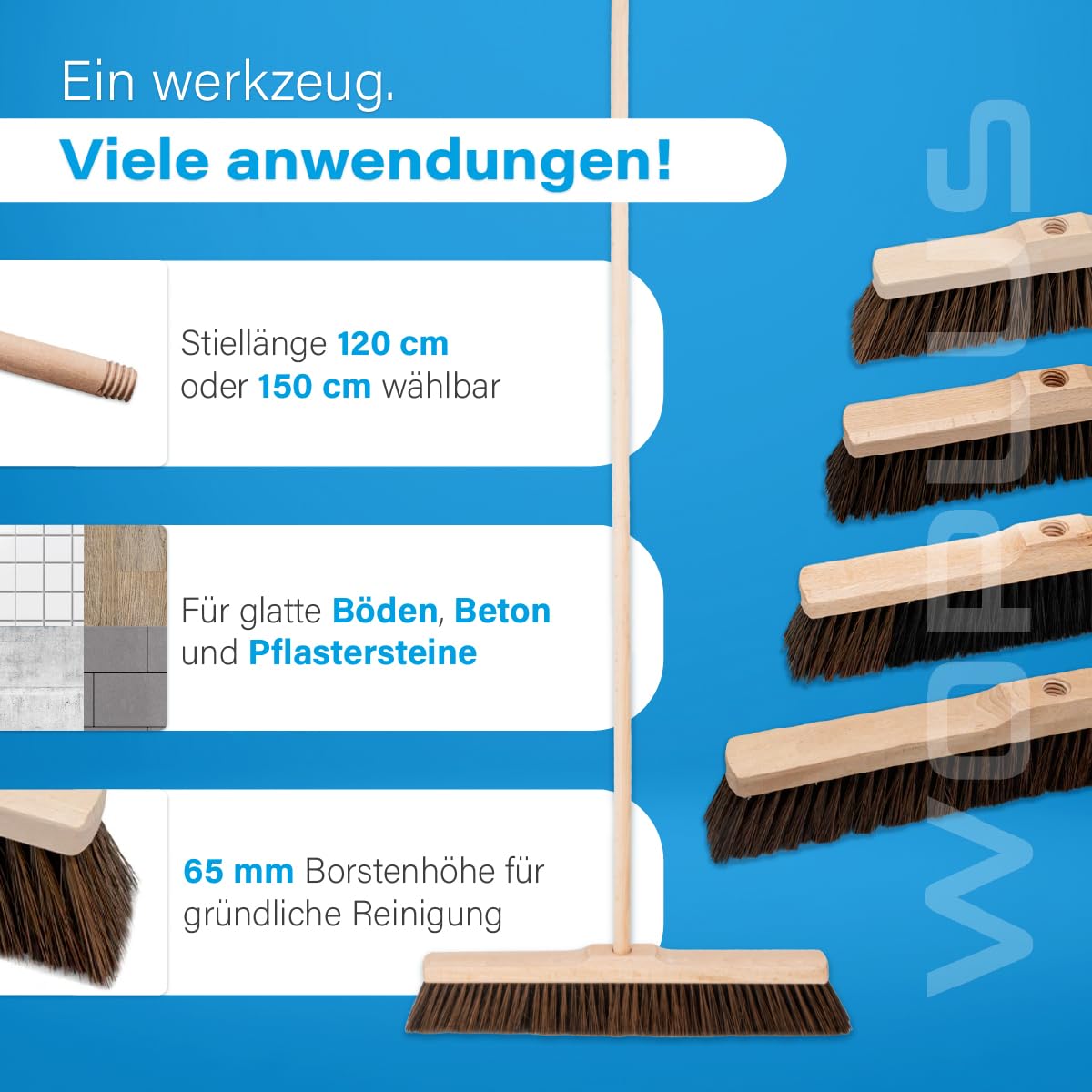 Holzbesen 40 cm mit 150 cm Buchenholzstiel – Kehrbesen mit 22 mm Gewinde, lackiertem Besenkopf & weichen PET-Borsten