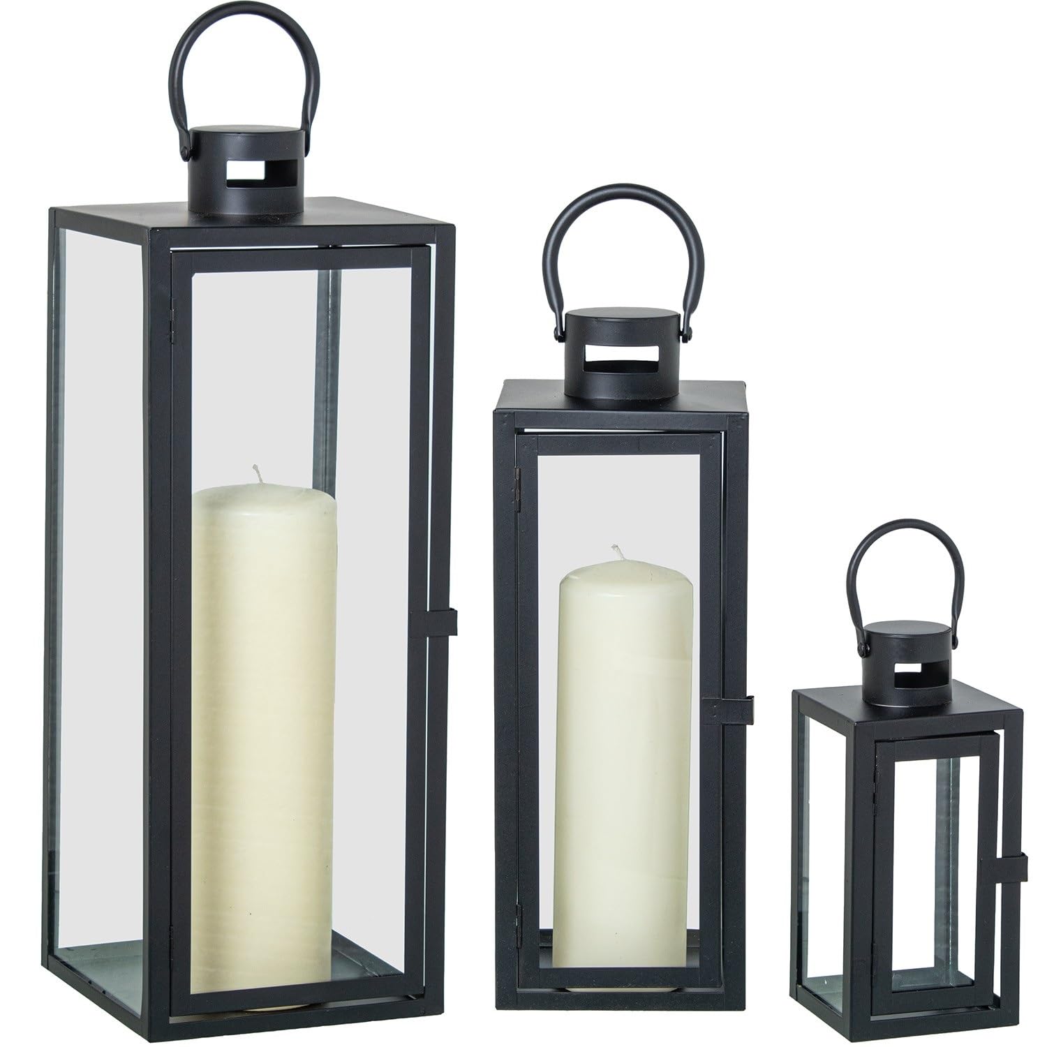 Set de 3 faroles portavelas de Suelo o sobremesa de Metal Negro 10x10x23+14x14x39+18x18x49 cm