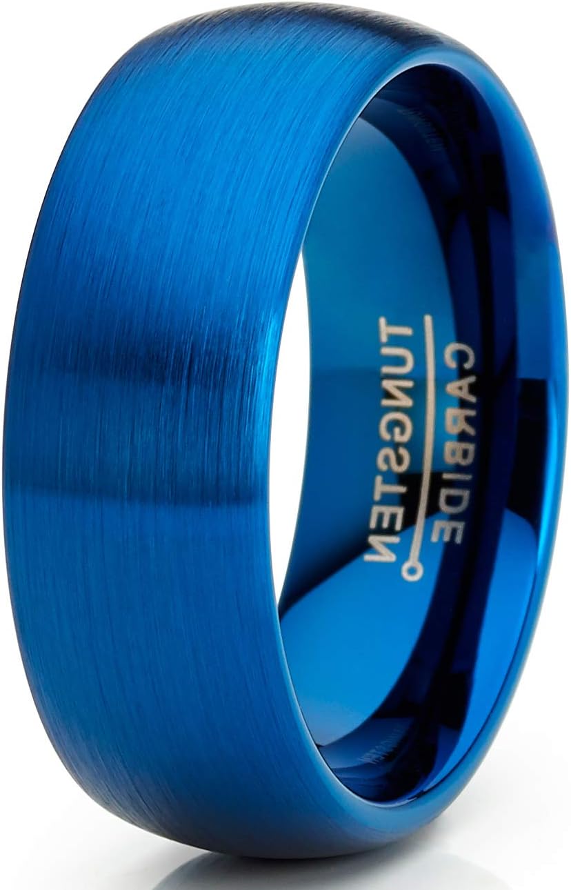 Metal Masters CO. Men's Blue Tungsten Carbide Wedding Band Ring Dome 8MM Brushed Comfort-Fit High Polish