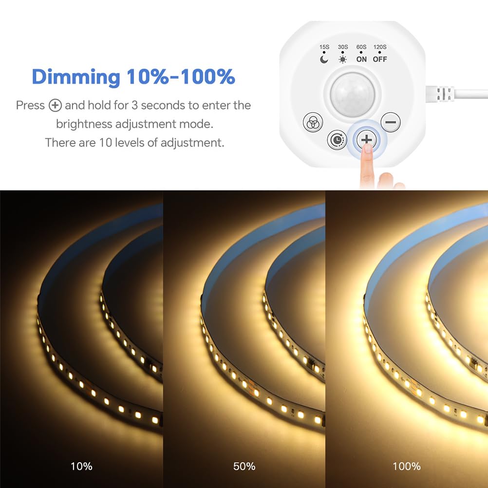 AoLa Striscia LED sensore di movimento, 5m 600 LED dimmerabile con spina, modalità luce fissa modalità notturna attivata dal movimento sensore di luce 4 modalità con timer, bianco caldo 3000K,10M