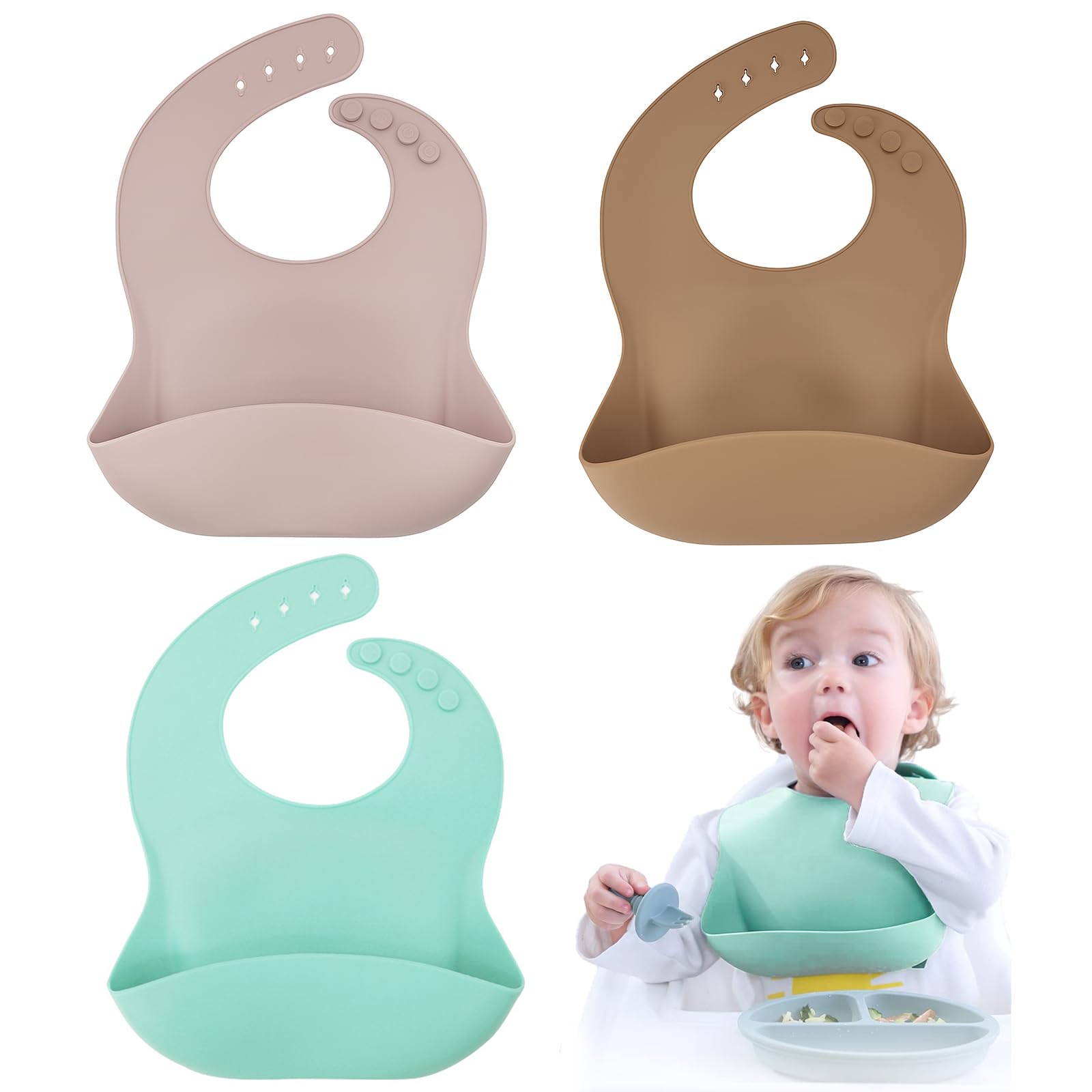 Silikon Babylätzchen 3er Set Fütterlätzchen Babylätzchen mit Auffangschale BPA Frei Wasserdicht Weich Langlebig Verstellbare Silikon Lätzchen Auffangschale Einfach Säubern für Kleinkinder Fütterung