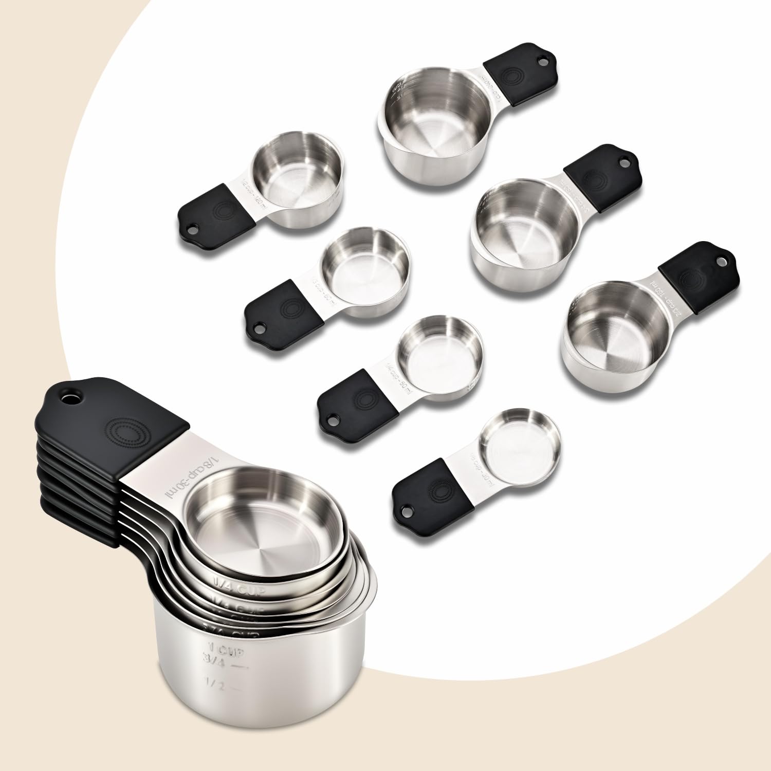EDELIN Juego de tazas y cucharas medidoras magnéticas, acero inoxidable, 7 tazas y 6 cucharas con 1 nivelador, acero inoxidable 18/8 304 (negro, 14 juegos)