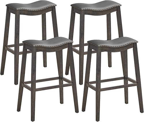 Miniatura 9 de GOFLAME Juego de 2 taburetes de silla de montar de 29 pulgadas de altura de mostrador con asiento acolchado, borde de cabeza de clavo, marco de