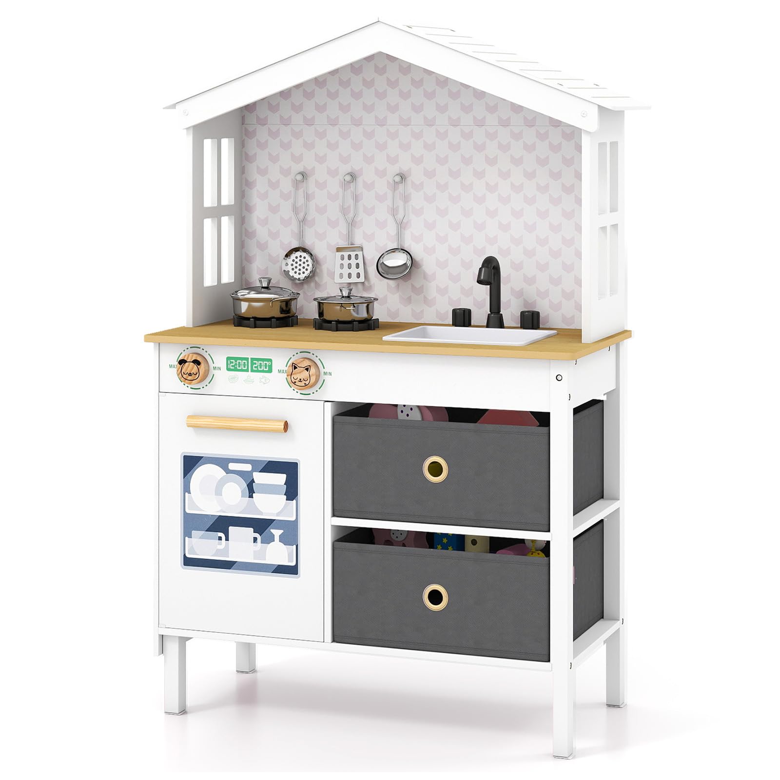 COSTWAY Kids Wooden Kitchen, Pretend Play Kitchen with 2 Stoves, Rotation Knobs, Faucet, Sink, Dishwasher, Drawers & Cabinet, Children Cooking Chef Role Playset for Boys Girls Ages 3-6 (White)