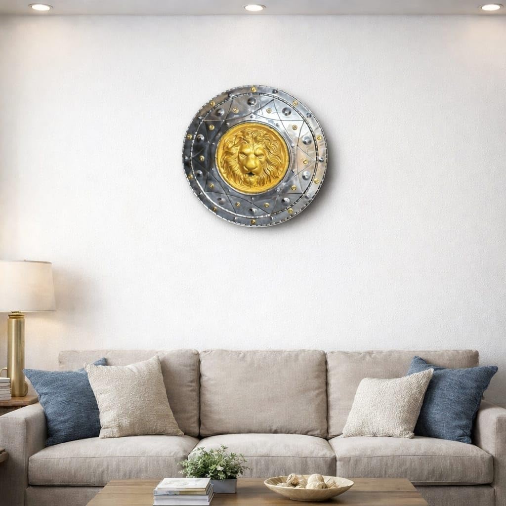 Medieval Warrior Shield with Golden Lion, Silver and Gold, Metal Construction, Decorative Battle Shield, Fantasy Costume Accessory 2