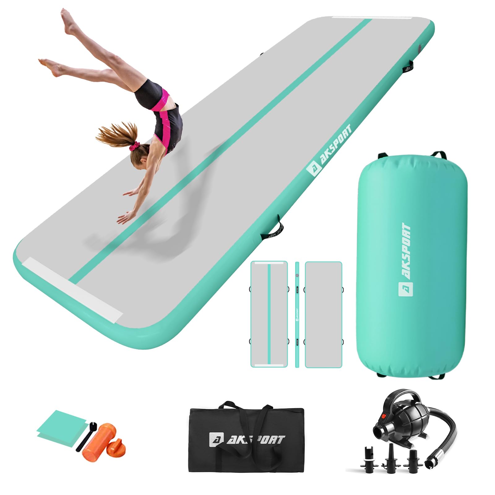 AKSPORT Inflatable Gymnastics Mat with Air Barrel Gymnastics Roller for Back Tumbling/Yoga/Cheerleading/Back Walkovers,with Air Pump