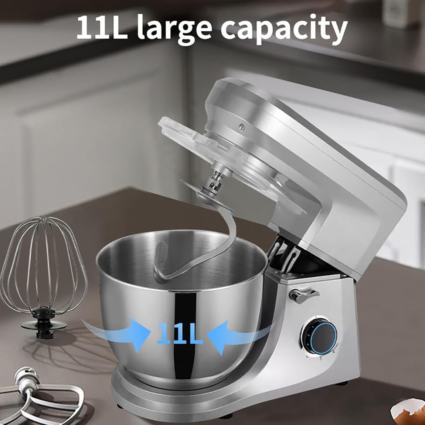 Miscelatore con base resistente, capacità 1700 W, capacità 11 l, miscelazione a 6 velocità con 3 attacchi e base antiscivolo per panettieri e appassionati di cucina