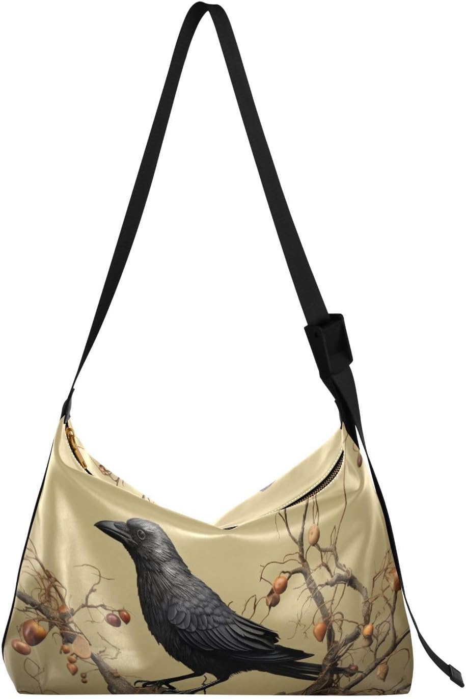 Women’s Crossbody Purse Shoulder Bag Steampunk Crow Print, Large Capacity Leather Handbags Zipper Closure with Fabric Strap
