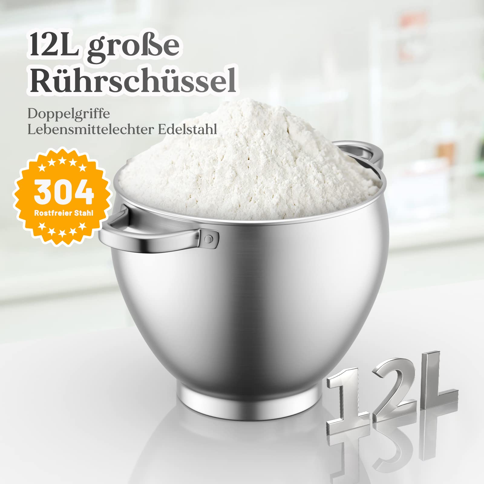 Robot kuchenny Homelux 2000 W, maszyna do ugniatania, 12 l, maszyna do ciasta, 6 prędkości, w zestawie 3-częściowy zestaw do pieczenia i ochrona przed pryskaniem, 6 prędkości z miską ze stali nierdzewnej, SC-667