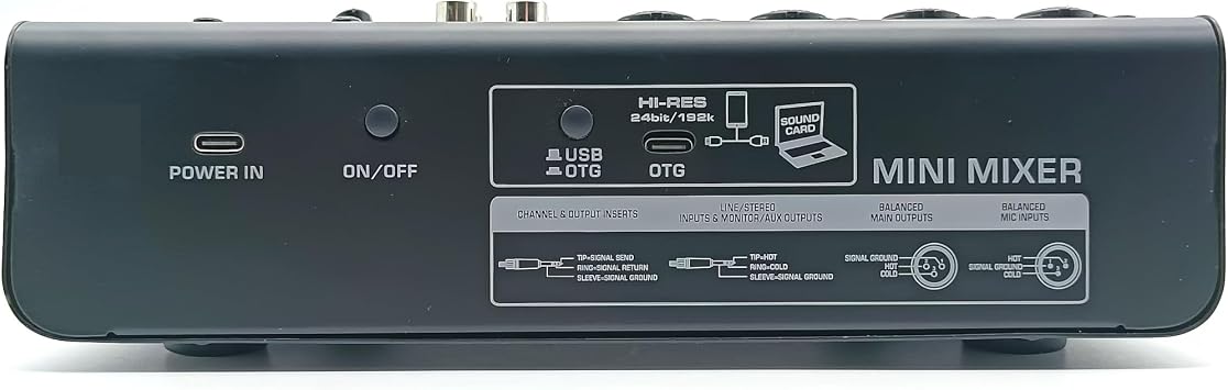 Audio Mixer 6 Channel DJ Mixer Individual 48V Output Mixing Console 7 Band EQ 99 Effect USB Bluetooth