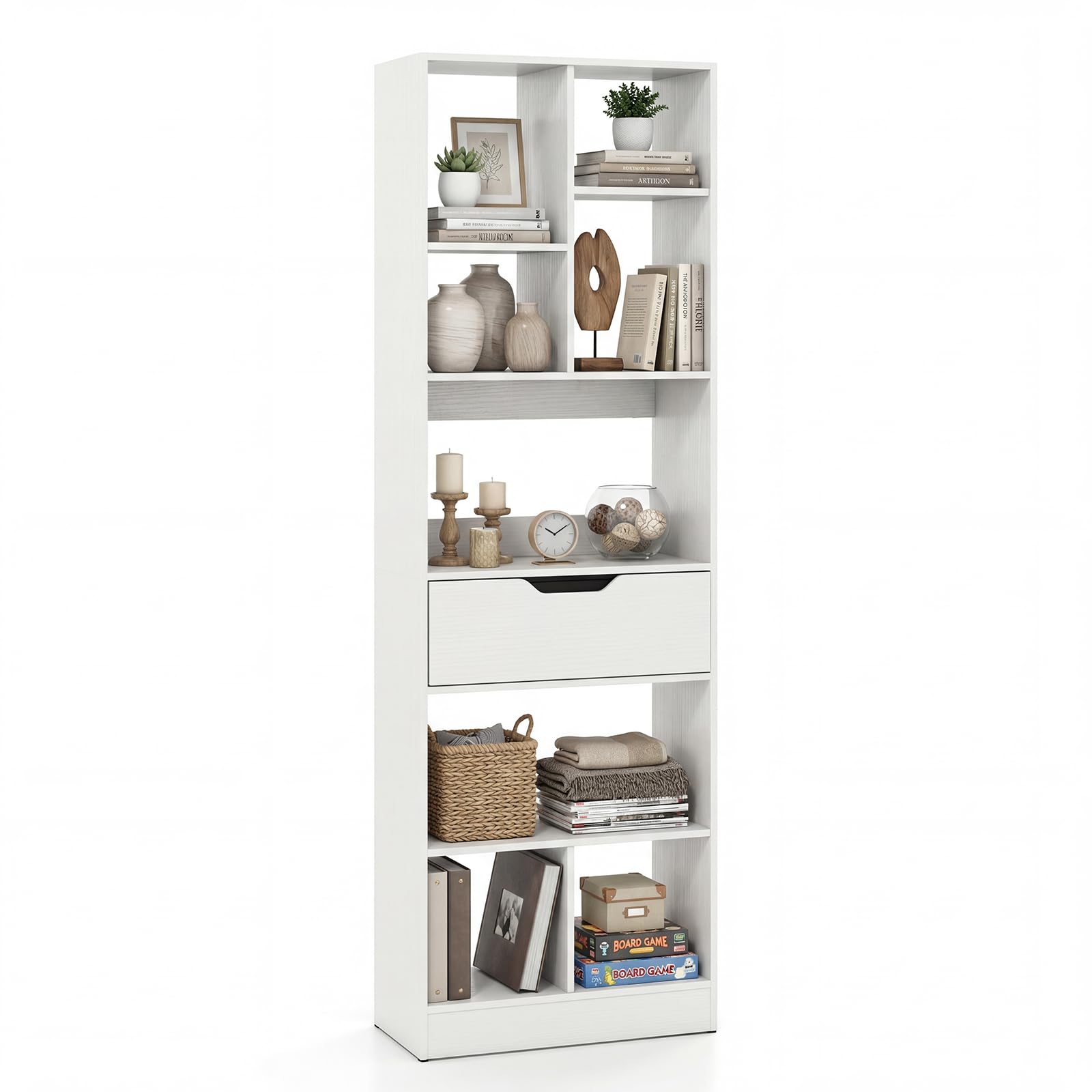 COSTWAY Bücherregal mit 7/8 Fächern & Schublade (50 x 24 x 155 cm,Weiß)