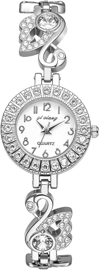 JewelryWe Iced-Out Watch for Women - Round Analog Quartz WristWatches Elegant Rhinestone Bangle Bracelet Watch for Ladies