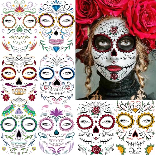 8 Sheets Day Of The Dead Face Tattoos Halloween Temporary Tattoos Sugar Skull Catrina Makeup Kit, Realistic Sugar Skull Face Mask Fake Tattoo Stickers Mexico Halloween Masquerade Party Favor Supplies